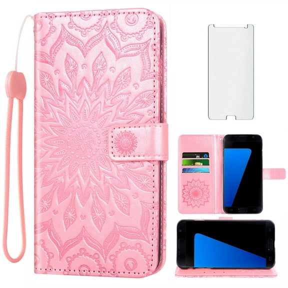 Asuwish Compatible with Samsung Galaxy S7 Edge Wallet Phone Case and Tempered Glass Screen Protector Flip Credit Card Holder Stand Mandala Flower Cell Cover for S7edge S 7 GS7 7s 7edge Women Pink