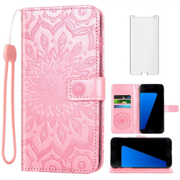 Asuwish Compatible with Samsung Galaxy S7 Edge Wallet Phone Case and Tempered Glass Screen Protector Flip Credit Card Holder Stand Mandala Flower Cell Cover for S7edge S 7 GS7 7s 7edge Women Pink