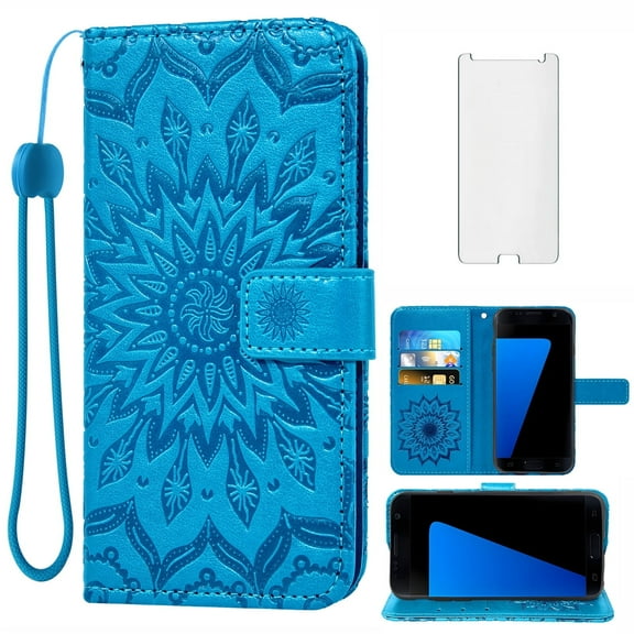 Asuwish Compatible with Samsung Galaxy S7 Edge Wallet Phone Case and Tempered Glass Screen Protector Flip Credit Card Holder Stand Mandala Flower Cell Cover for S7edge S 7 GS7 7s 7edge Women Blue