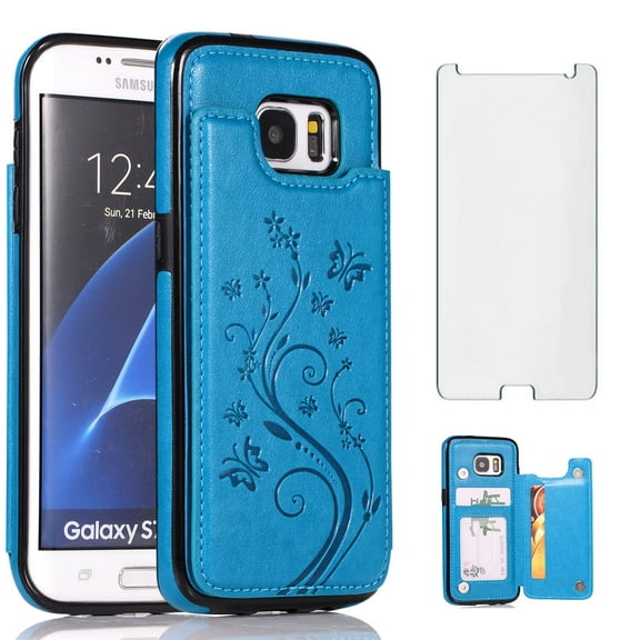 Asuwish Compatible with Samsung Galaxy S7 Edge Wallet Phone Case Tempered Glass Screen Protector and Flower PU Leather Credit Card Holder Stand Cell Cover for S7edge S 7 GS7 7s 7edge Women Men Blue