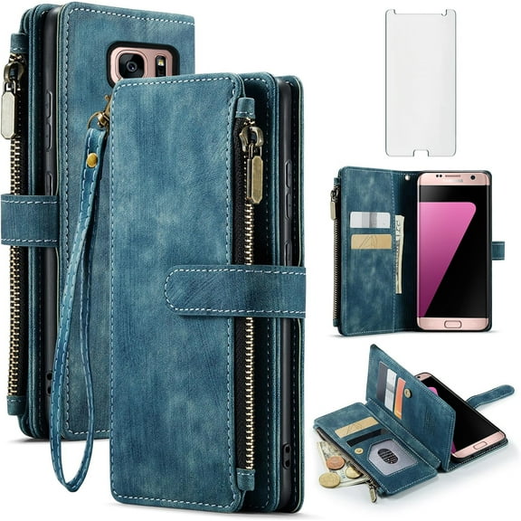 Asuwish Compatible with Samsung Galaxy S7 Wallet Phone Case and Tempered Glass Screen Protector Faux Leather Flip Credit Card Holder Stand Zipper Cell Cover for S 7 7s GS7 SM-G930V G930A Women Blue