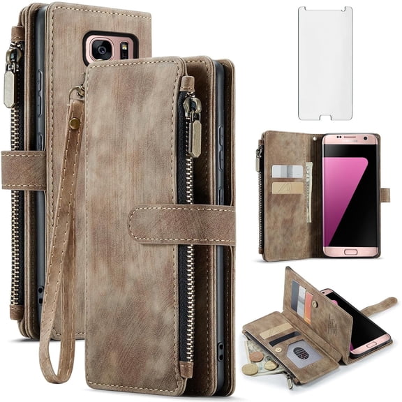 Asuwish Kickstand Hard Shell Wallet Cell Phone Case with Tempered Glass Screen Protector for Samsung Galaxy S7, Brown