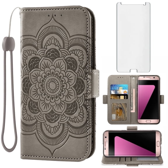 Asuwish Compatible with Samsung Galaxy S7 Wallet Phone Case and Tempered Glass Screen Protector Flip Credit Card Holder Stand Mandala Flower Cell Cover for S 7 7s GS7 SM-G930V G930A Women Men Gray