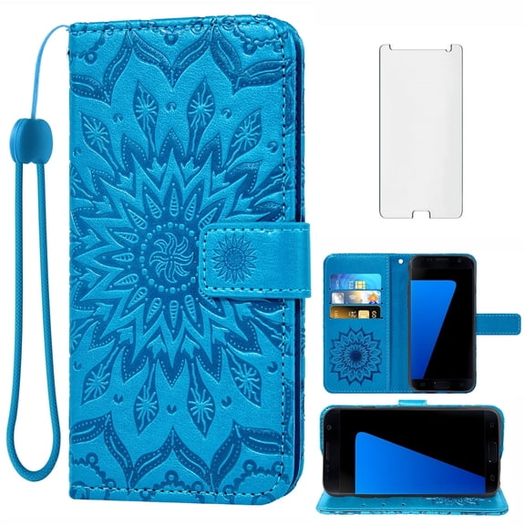 Asuwish Compatible with Samsung Galaxy S7 Wallet Phone Case and Tempered Glass Screen Protector Flip Credit Card Holder Stand Mandala Flower Cell Cover for S 7 7s GS7 SM-G930V G930A Women Men Blue