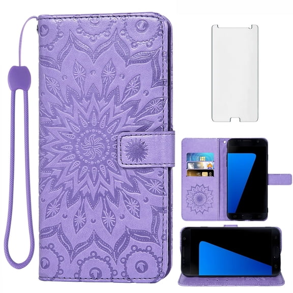 Asuwish Compatible with Samsung Galaxy S7 Wallet Phone Case and Tempered Glass Screen Protector Flip Credit Card Holder Stand Mandala Flower Cell Cover for S 7 7s GS7 SM-G930V G930A Women Men Purple