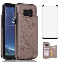 Asuwish Compatible with Samsung Galaxy S8 Plus Wallet Phone Case Tempered Glass Screen Protector and Flower PU Leather Card Holder Stand Cell Cover for S8plus S 8 8plus 8S Edge S8  SM-G955U Men Grey