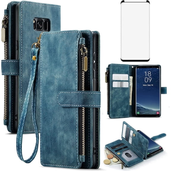Asuwish Kickstand Hard Shell Wallet Cell Phone Case with Tempered Glass Screen Protector for Samsung Galaxy S8, Blue