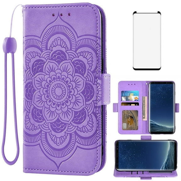Asuwish Compatible with Samsung Galaxy S8 Wallet Phone Case and Tempered Glass Screen Protector Flip Credit Card Holder Stand Mandala Flower Cell Cover for S 8 8S Edge SM-G950U Women Men Purple