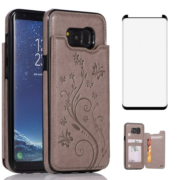 Asuwish Compatible with Samsung Galaxy S8 Wallet Phone Case Tempered Glass Screen Protector and Flower PU Leather Credit Card Holder Stand Slot Flip Cell Cover for S 8 8S Edge SM-G950U Women Men Grey