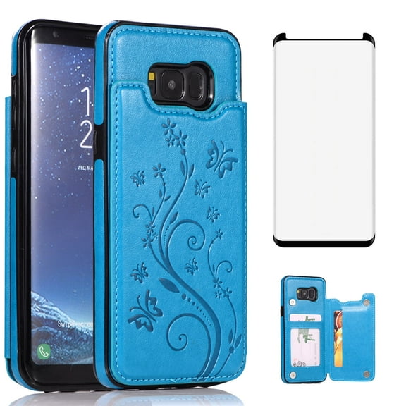 Asuwish Compatible with Samsung Galaxy S8 Wallet Phone Case Tempered Glass Screen Protector and Flower PU Leather Credit Card Holder Stand Slot Flip Cell Cover for S 8 8S Edge SM-G950U Women Men Blue