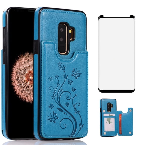 Asuwish Compatible with Samsung Galaxy S9 Plus Wallet Phone Case Tempered Glass Screen Protector and Flower PU Leather Credit Card Holder Stand Cell Cover for S9+ 9S 9+ S 9 9plus S9plus Women Blue