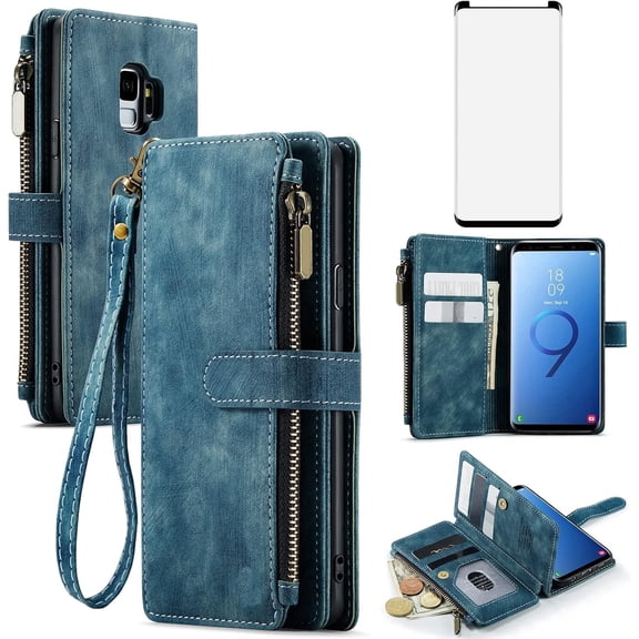 Asuwish Kickstand Hard Shell Wallet Cell Phone Case with Tempered Glass Screen Protector for Samsung Galaxy S9, Blue