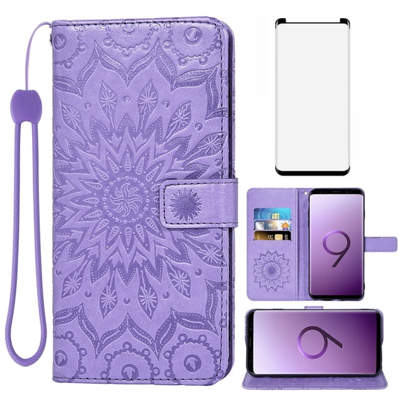 Asuwish Compatible with Samsung Galaxy S9 Wallet Phone Case and Tempered Glass Screen Protector Flip Credit Card Holder Stand Mandala Flower Cell Cover for S 9 Edge 9S GS9 Women Men Purple