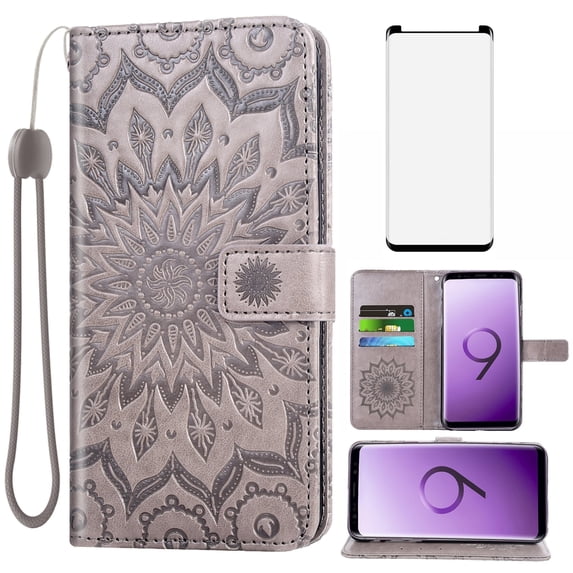 Asuwish Compatible with Samsung Galaxy S9 Wallet Phone Case and Tempered Glass Screen Protector Flip Credit Card Holder Stand Mandala Flower Cell Cover for S 9 Edge 9S GS9 Women Men Gray