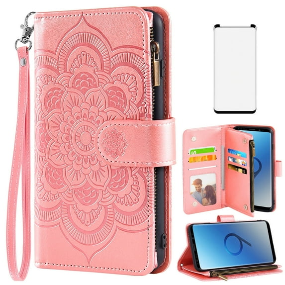 Asuwish Compatible with Samsung Galaxy S9 Wallet Phone Case and Tempered Glass Screen Protector Flower Faux Leather Flip Credit Card Holder Stand Zipper Cell Cover for S 9 Edge 9S GS9 Women Pink