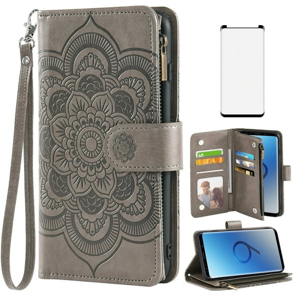 Asuwish Compatible with Samsung Galaxy S9 Wallet Phone Case and Tempered Glass Screen Protector Flower Faux Leather Flip Credit Card Holder Stand Zipper Cell Cover for S 9 Edge 9S GS9 Women Grey