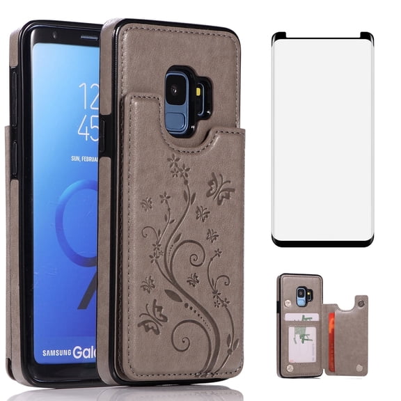 Asuwish Screen Protector Included Flower PU Leather Wallet Cell Phone Case with Tempered Glass Screen Protector for Samsung Samsung S9, Gray