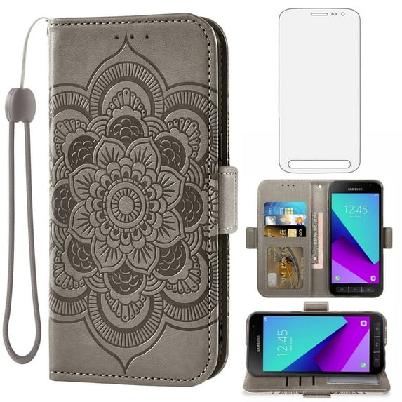 Asuwish Compatible with Samsung Galaxy Xcover 4/4S Wallet Phone Case and Tempered Glass Screen Protector Flip Credit Card Holder Stand Mandala Flower Cell Cover for X SM-G398 Women Men Gray