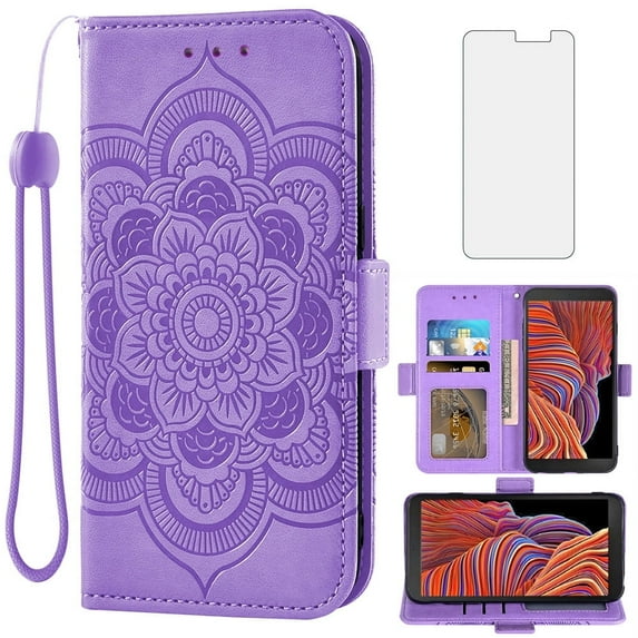 Asuwish Compatible with Samsung Galaxy Xcover 5 Wallet Phone Case and Tempered Glass Screen Protector Flip Credit Card Holder Stand Mandala Flower Cell Cover for X Xcover5 Women Men Purple