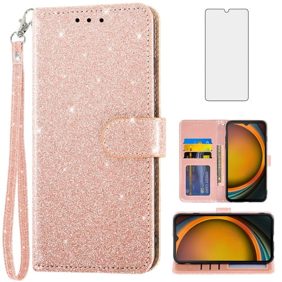 Asuwish Compatible with Samsung Galaxy Xcover 7 Wallet Phone Case and Tempered Glass Screen Protector Flip Credit Card Holder Stand Bling Glitter Cell Cover for Xcover7 Women Pink