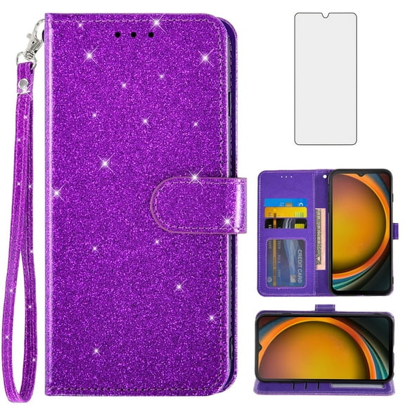 Asuwish Compatible with Samsung Galaxy Xcover 7 Wallet Phone Case and Tempered Glass Screen Protector Flip Credit Card Holder Stand Bling Glitter Cell Cover for Xcover7 Women Purple