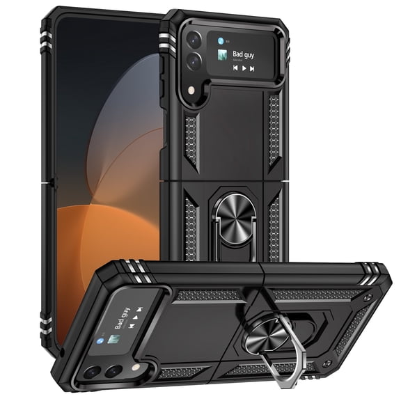 Asuwish Compatible with Samsung Galaxy Z Flip 4 5G 2022 Phone Case Slim Magnetic Ring Holder Stand Hybrid Protective Body Shockproof Grip Bumper Cell Cover for ZFlip4 Z4 Flip4 4Z Women Men Black