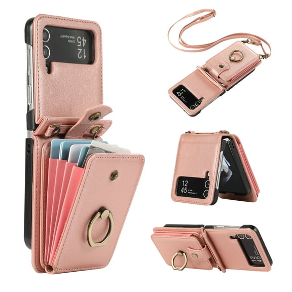 Asuwish Compatible with Samsung Galaxy Z Flip 4 5G 2022 Wallet Phone Case Ring Crossbody Strap Stand Credit Card Holder RFID Cell Cover for ZFlip4 Z4 Flip4 4Z Women Girls Rose Gold