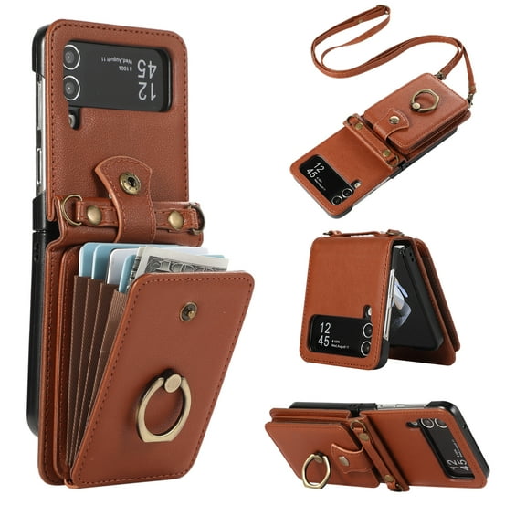 Asuwish Compatible with Samsung Galaxy Z Flip 4 5G 2022 Wallet Phone Case Ring Crossbody Strap Stand Credit Card Holder RFID Cell Cover for ZFlip4 Z4 Flip4 4Z Women Girls Brown