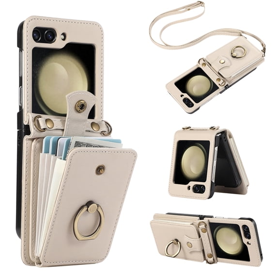 Asuwish Compatible with Samsung Galaxy Z Flip 5 5G 2023 Wallet Phone Case Ring Crossbody Strap Stand Credit Card Holder RFID Protective Cell Cover for ZFlip5 Z5 G Flip5 5Z Women Girls Beige