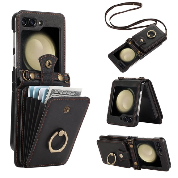 Asuwish Compatible with Samsung Galaxy Z Flip 5 5G 2023 Wallet Phone Case Ring Crossbody Strap Stand Credit Card Holder RFID Protective Cell Cover for ZFlip5 Z5 G Flip5 5Z Women Girls Black