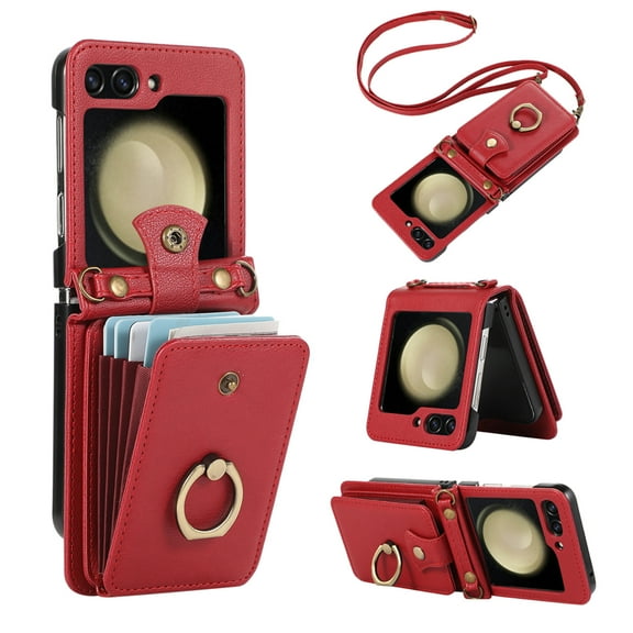 Asuwish Compatible with Samsung Galaxy Z Flip 5 5G 2023 Wallet Phone Case Ring Crossbody Strap Stand Credit Card Holder RFID Protective Cell Cover for ZFlip5 Z5 G Flip5 5Z Women Girls Red