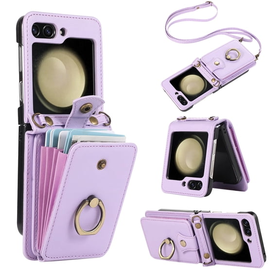 Asuwish Compatible with Samsung Galaxy Z Flip 5 5G 2023 Wallet Phone Case Ring Crossbody Strap Stand Credit Card Holder RFID Protective Cell Cover for ZFlip5 Z5 G Flip5 5Z Women Girls Purple