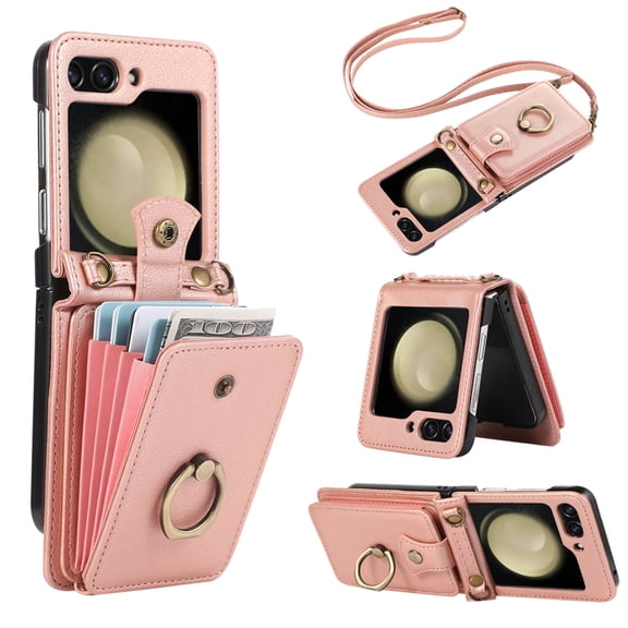Asuwish Compatible with Samsung Galaxy Z Flip 6 5G 2024 Wallet Phone Case Ring Crossbody Strap Stand Credit Card Holder RFID Protective Cell Cover for ZFlip6 Z6 G Flip6 6Z Women Girls Rose Gold