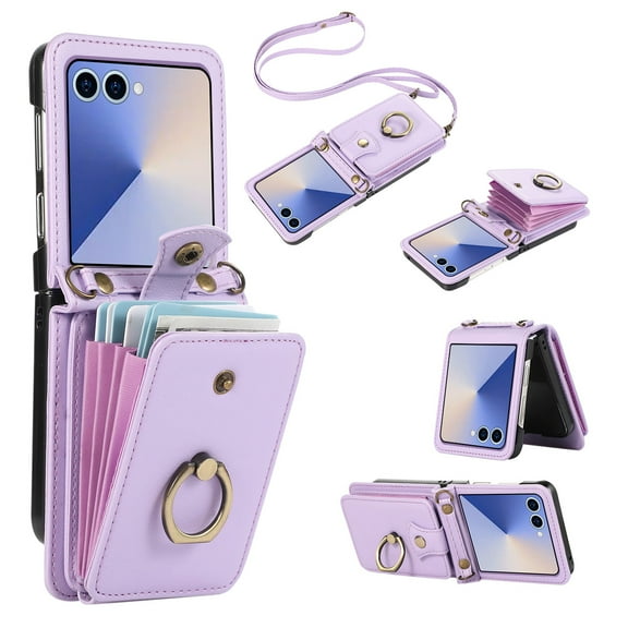 Asuwish Compatible with Samsung Galaxy Z Flip 7 5G 2025 Wallet Phone Case Ring Crossbody Strap Stand Credit Card Holder RFID Protective Cell Cover for ZFlip7 Z7 G Flip7 7Z Women Girls Purple