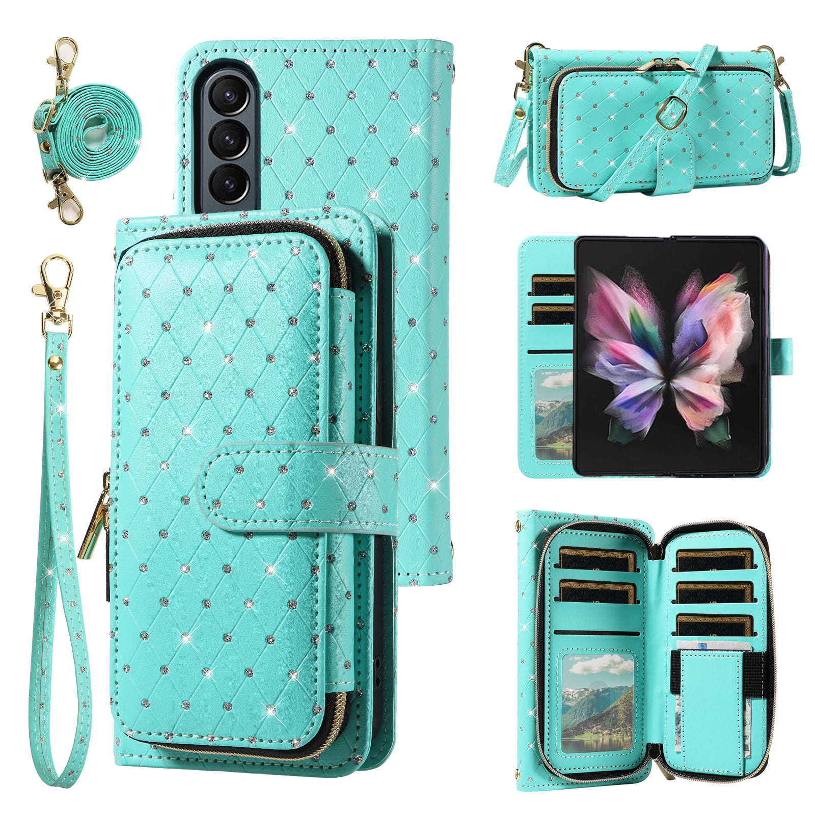 Asuwish Compatible with Samsung Galaxy Z Fold 4 5G 2022 Wallet Phone Case and Bling Glitter Crossbody Lanyard Strap Flip Zipper Purse Card Holder Cell Cover for ZFold4 Z4 Fold4 4Z Fo4 Women Men Green