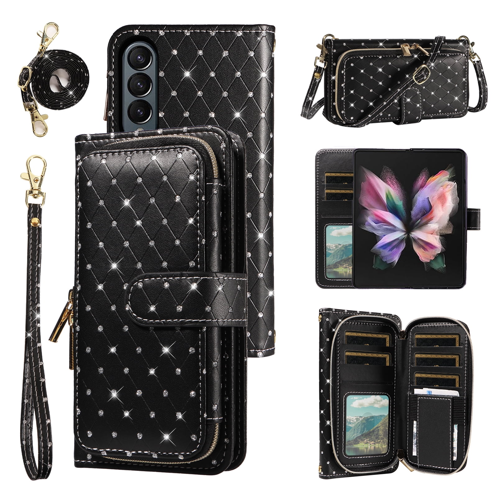 Asuwish Compatible with Samsung Galaxy Z Fold 4 5G 2022 Wallet Phone Case and Bling Glitter Crossbody Lanyard Strap Flip Zipper Purse Card Holder Cell Cover for ZFold4 Z4 Fold4 4Z Fo4 Women Men Black