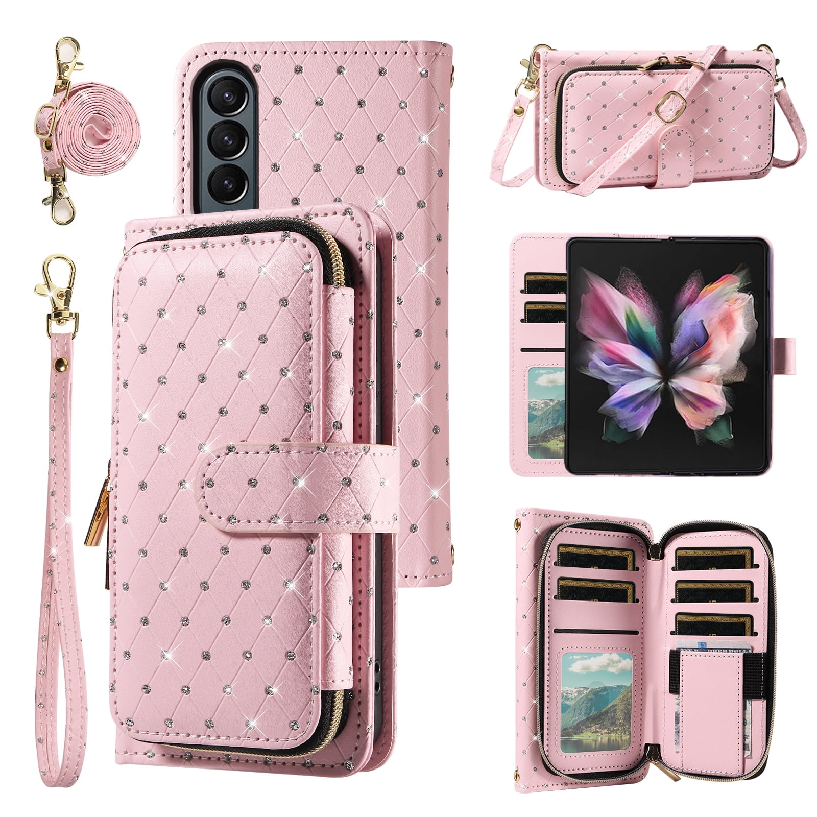 Asuwish Compatible with Samsung Galaxy Z Fold 4 5G 2022 Wallet Phone Case and Bling Glitter Crossbody Lanyard Strap Flip Zipper Purse Card Holder Cell Cover for ZFold4 Z4 Fold4 4Z Fo4 Women Men Pink