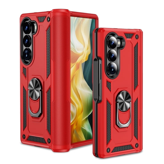 Asuwish Compatible with Samsung Galaxy Z Fold 5 5G 2023 Phone Case Slim Magnetic Ring Holder Stand Hybrid Protective Shockproof Cell Cover for ZFold5 Z5 G Fold5 5Z Women Men Red
