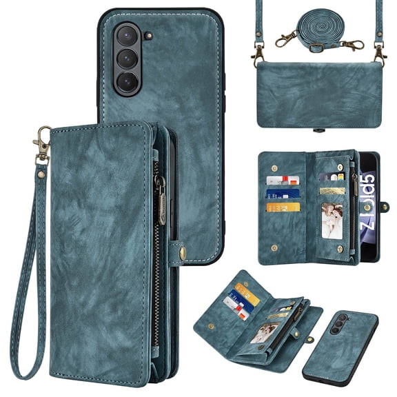 Asuwish Compatible with Samsung Galaxy Z Fold 5 5G 2023 Phone Case Zipper Wallet Detachable Strap Flip Card Holder Cell Cover for ZFold5 Z5 G Fold5 5Z Women Girls Blue