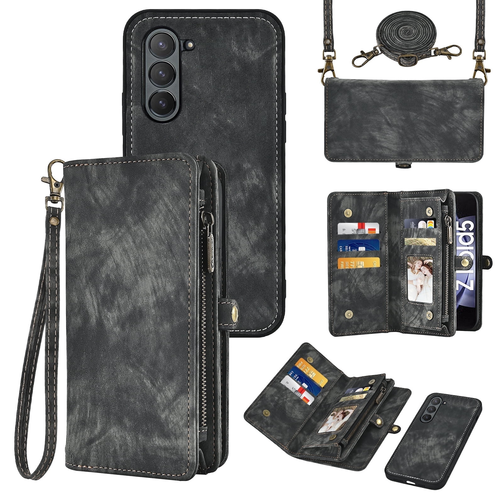 Asuwish Compatible with Samsung Galaxy Z Fold 5 5G 2023 Phone Case Zipper Wallet Detachable Strap Flip Card Holder Cell Cover for ZFold5 Z5 G Fold5 5Z Women Girls Black