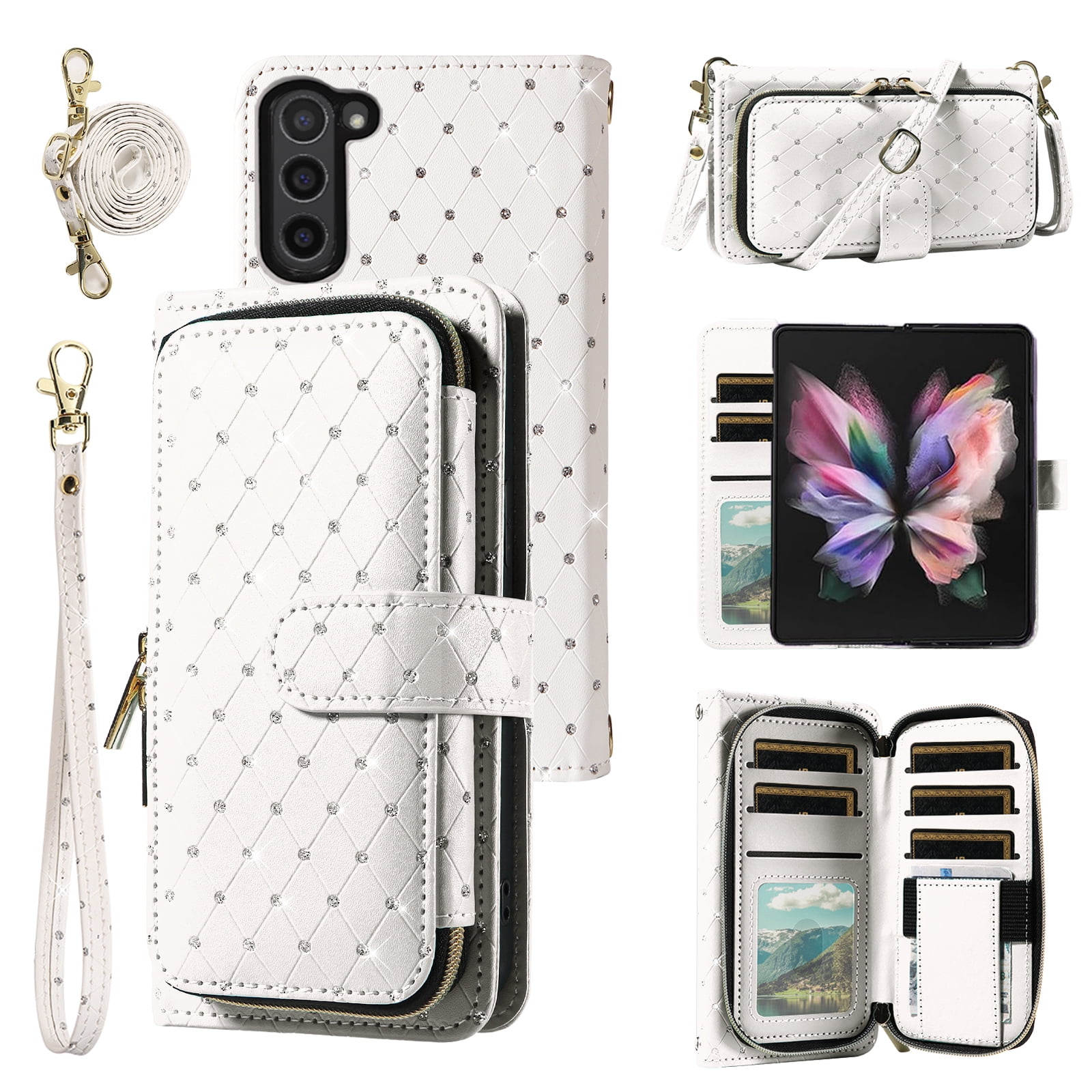 Asuwish Compatible with Samsung Galaxy Z Fold 5 5G 2023 Wallet Phone Case and Bling Glitter Crossbody Lanyard Strap Flip Zipper Purse Card Holder Cell Cover for ZFold5 Z5 G Fold5 5Z Women Men White