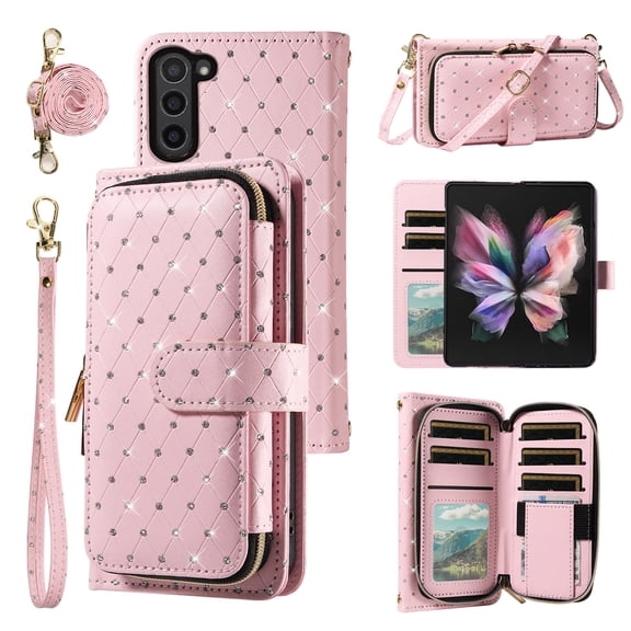 Asuwish Compatible with Samsung Galaxy Z Fold 5 5G 2023 Wallet Phone Case and Bling Glitter Crossbody Lanyard Strap Flip Zipper Purse Card Holder Cell Cover for ZFold5 Z5 G Fold5 5Z Women Men Pink