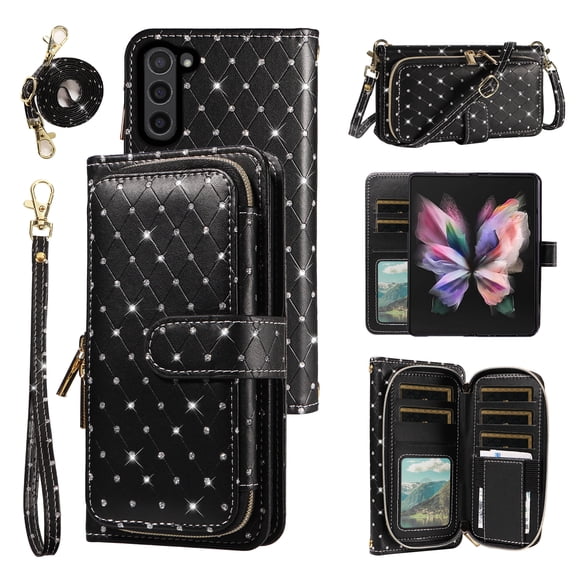 Asuwish Compatible with Samsung Galaxy Z Fold 5 5G 2023 Wallet Phone Case and Bling Glitter Crossbody Lanyard Strap Flip Zipper Purse Card Holder Cell Cover for ZFold5 Z5 G Fold5 5Z Women Men Black