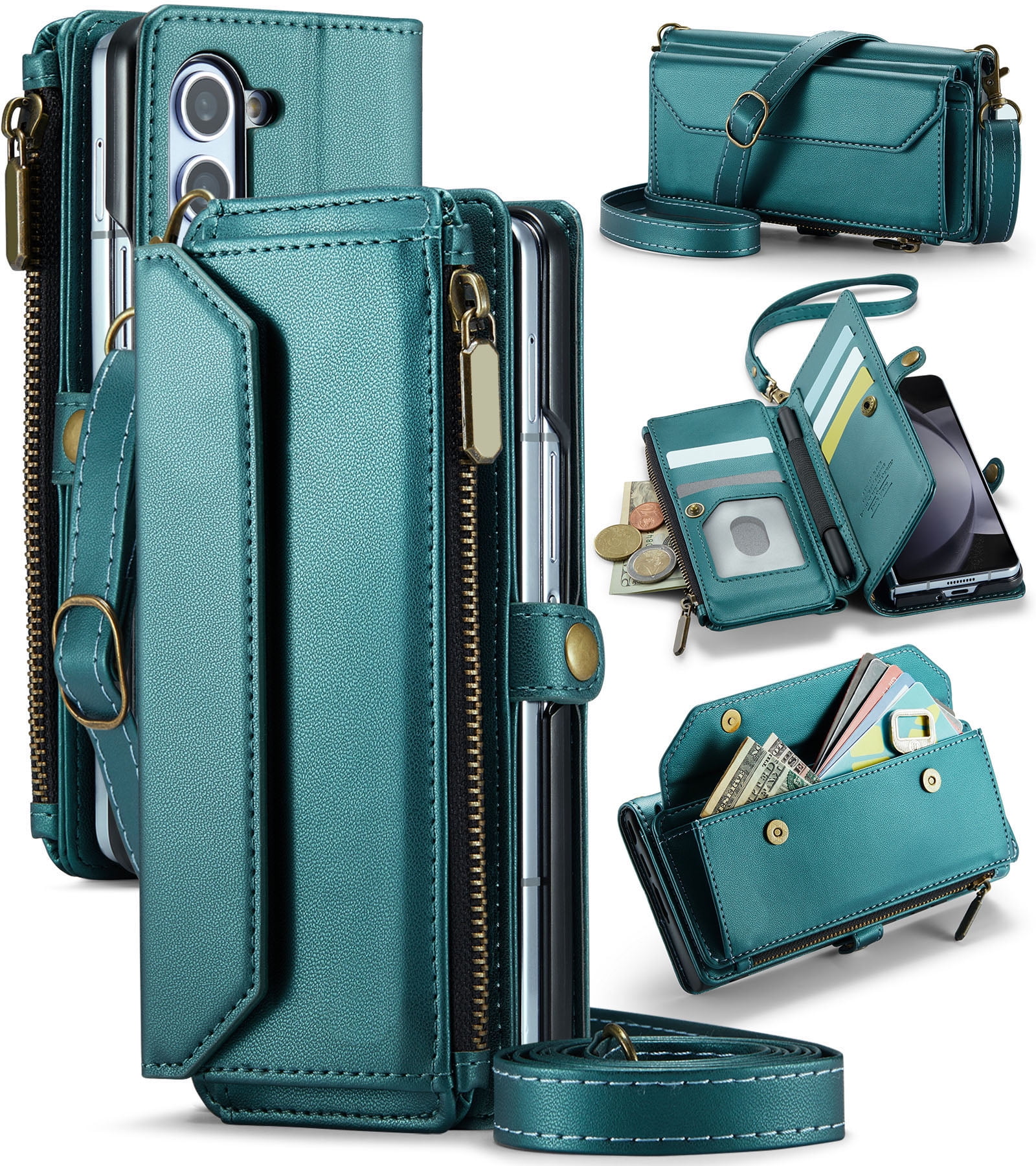 Asuwish Compatible with Samsung Galaxy Z Fold 5 5G 2023 Zipper Wallet Phone Case With pen slot Crossbody Lanyard Strap Flip Card Holder Slot Cell Cover for ZFold5 Z5 G Fold5 5Z Women Girls Green