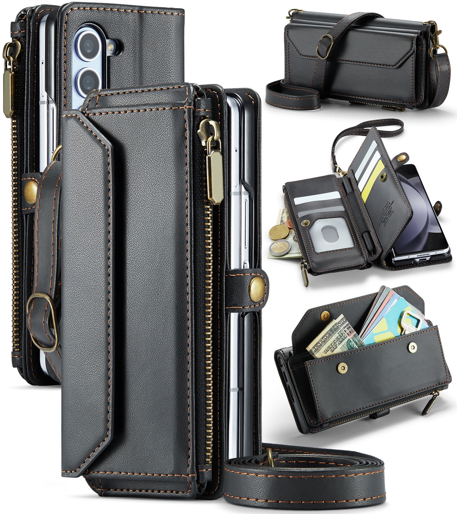 Asuwish Compatible with Samsung Galaxy Z Fold 5 5G 2023 Zipper Wallet Phone Case With pen slot Crossbody Lanyard Strap Flip Card Holder Slot Cell Cover for ZFold5 Z5 G Fold5 5Z Women Girls Black
