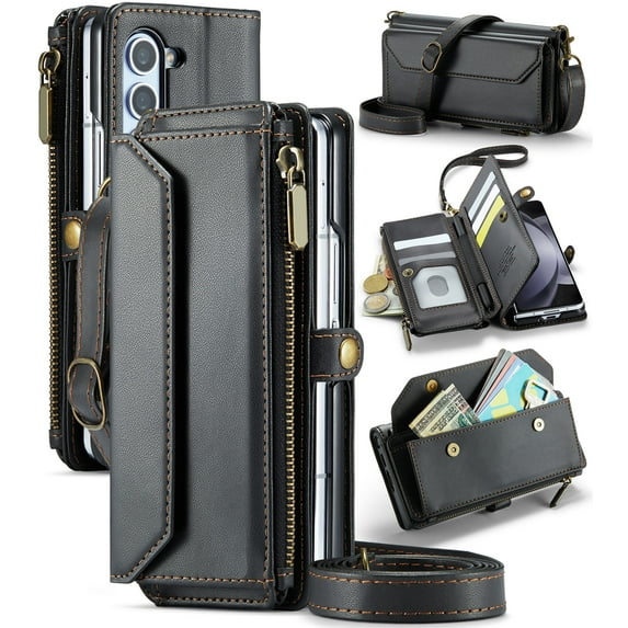 Asuwish Compatible with Samsung Galaxy Z Fold 5 5G 2023 Zipper Wallet Phone Case With pen slot Crossbody Lanyard Strap Flip Card Holder Slot Cell Cover for ZFold5 Z5 G Fold5 5Z Women Girls Black