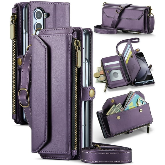 Asuwish Compatible with Samsung Galaxy Z Fold 5 5G 2023 Zipper Wallet Phone Case With pen slot Crossbody Lanyard Strap Flip Card Holder Slot Cell Cover for ZFold5 Z5 G Fold5 5Z Women Girls Purple