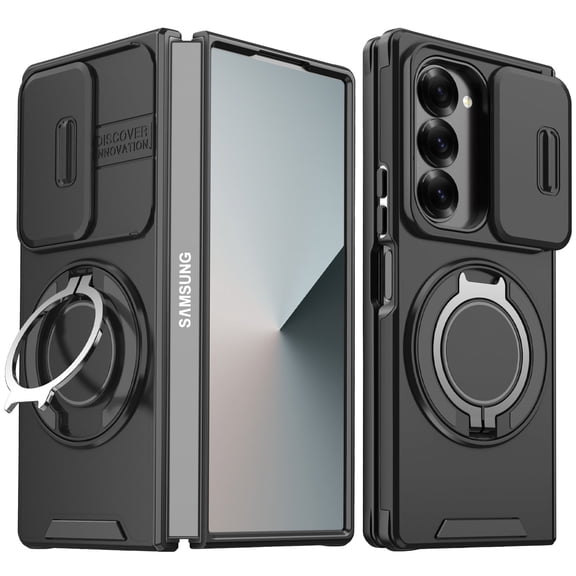 Asuwish Compatible with Samsung Galaxy Z Fold 6 5G 2024 Phone Case Slide Camera Cover Stand Ring Holder Rugged Slim Grip Bumper for ZFold6 Z6 G Fold6 6Z Women Men Black