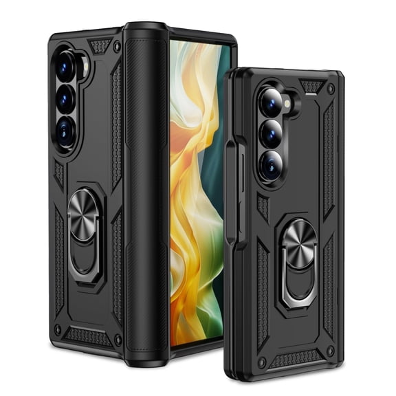 Asuwish Compatible with Samsung Galaxy Z Fold 6 5G 2024 Phone Case Slim Magnetic Ring Holder Stand Hybrid Protective Shockproof Cell Cover for ZFold6 Z6 G Fold6 6Z Women Men Black