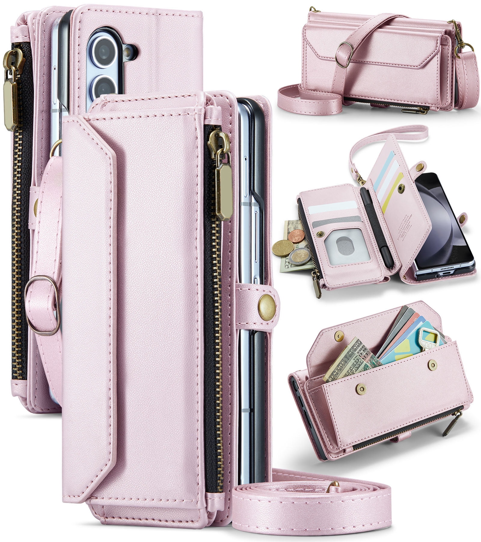 Asuwish Compatible with Samsung Galaxy Z Fold 6 5G 2024 Zipper Wallet Phone Case With pen slot Crossbody Lanyard Strap Flip Card Holder Slot Cell Cover for ZFold6 Z6 G Fold6 6Z Women Girls Rose Gold